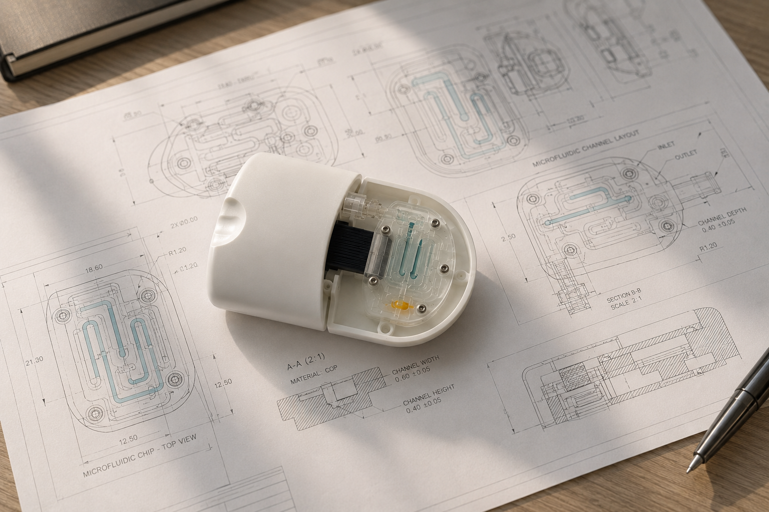 medical device with microfluidics and design drawings